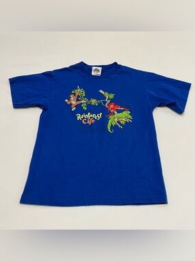 Vintage 90s Rainforest Cafe Souvenir T Shirt Kids Med Blue Embroidered Animals